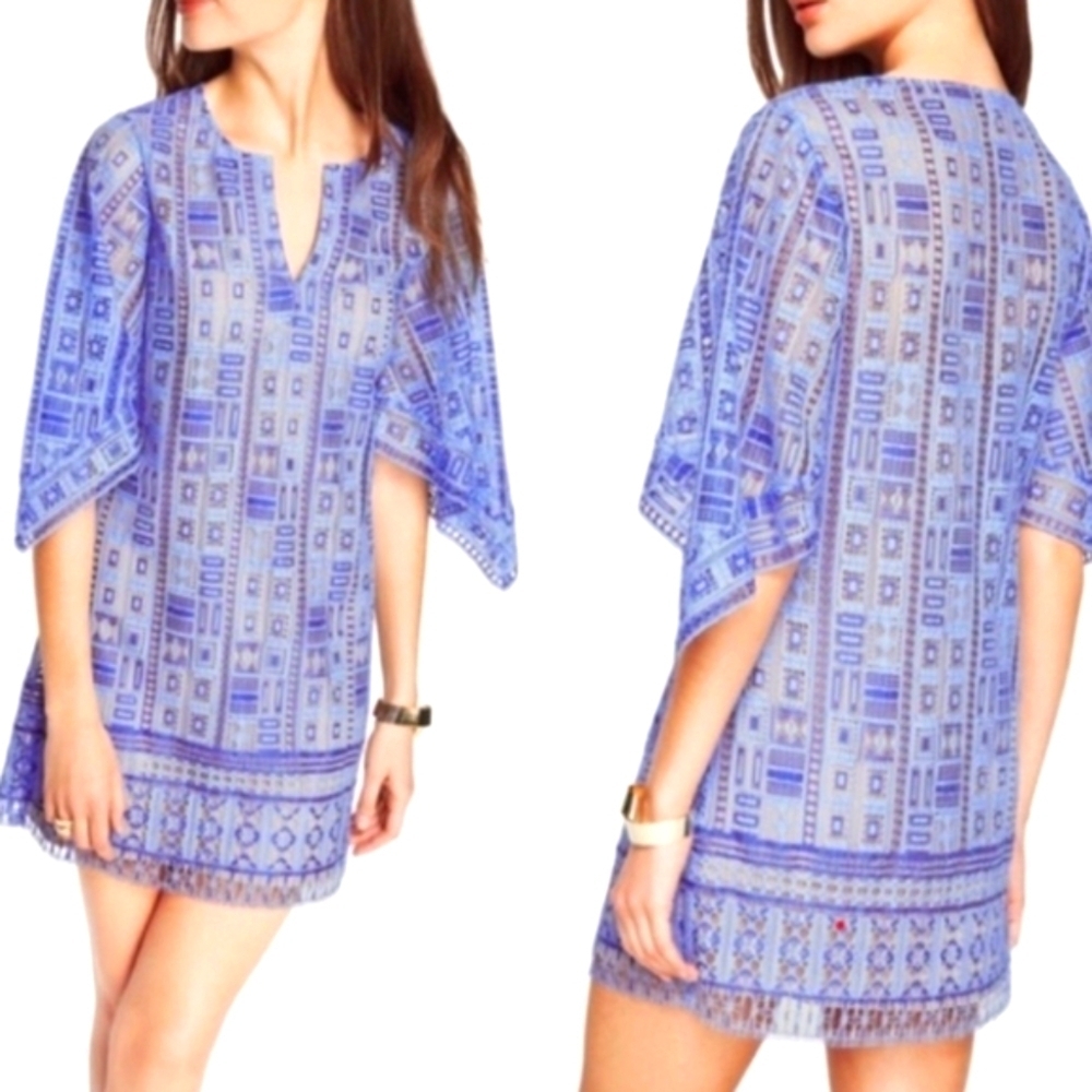 BCBGMaxAzria Blue Mini Dress/Cover-up Geometric Print W/ Fringe